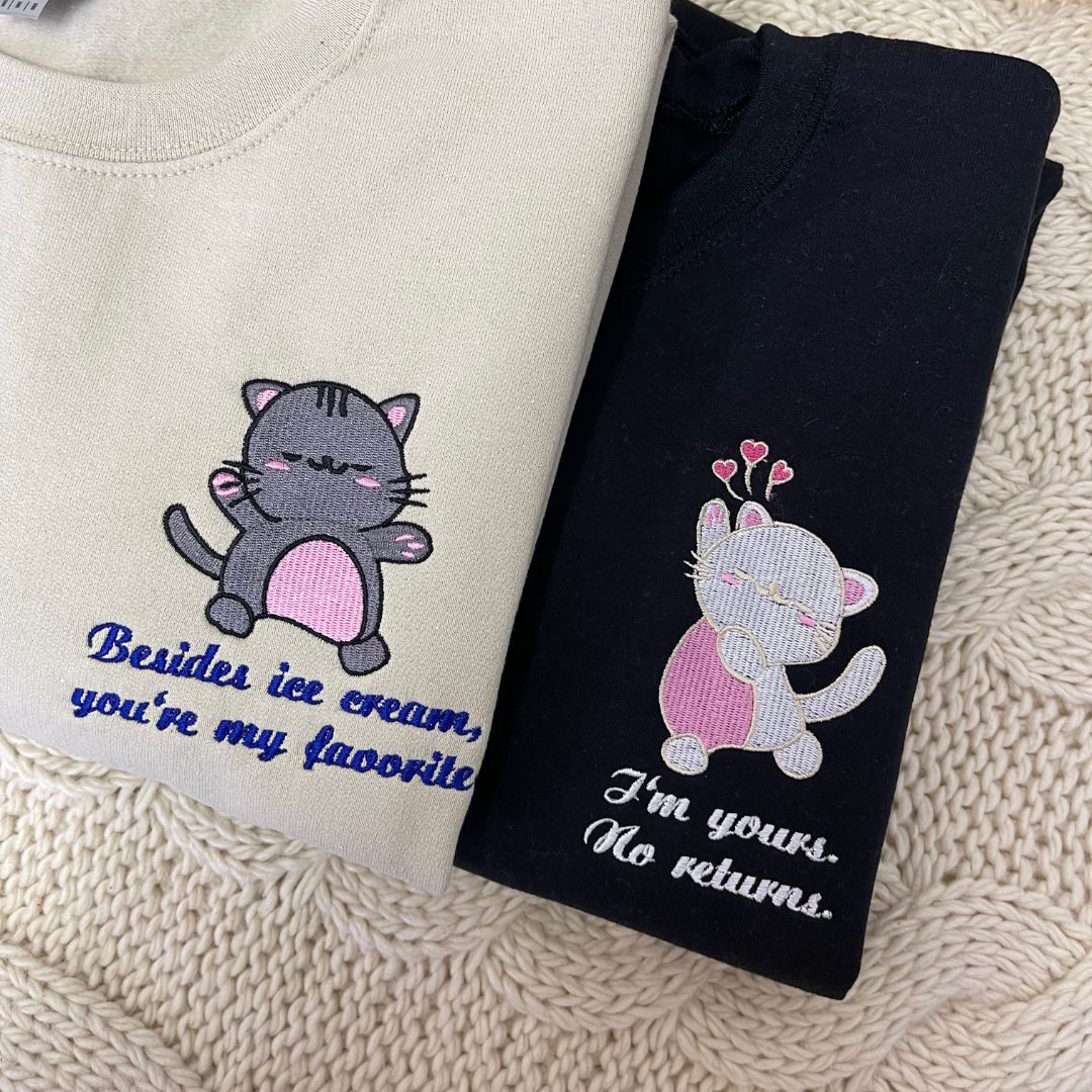 Matching Sweatshirt For Couple, Custom Embroidered Anime Cat Crewneck, Anniversary Gift For Couple