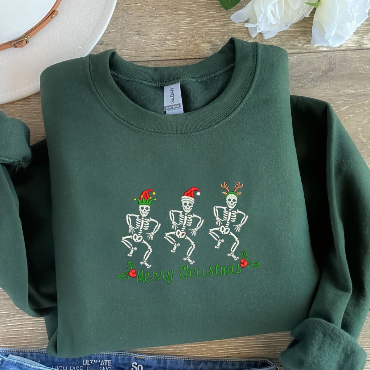 Christmas Skeletons Sweatshirt, Funny Christmas  Embroidered Sweatshirt or Hoodie