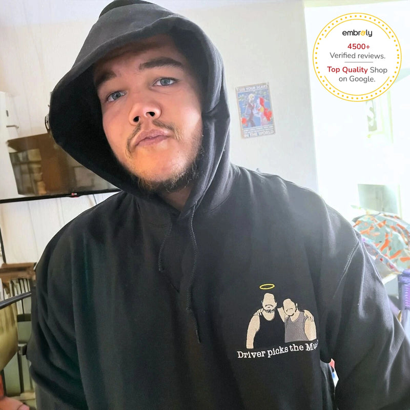 A man wearing a memories sweatshirt to honor his passing away brother, a meaningful and comfort gfts for