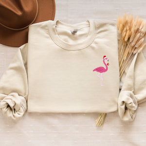 Embroidered Christmas Flamingo Sweatshirt, Flamingo Santa Hat Crewneck or Hoodie