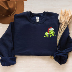 Embroidered Christmas Frog Sweatshirt, Funny Frog Santa Hat Crewneck or Hoodie