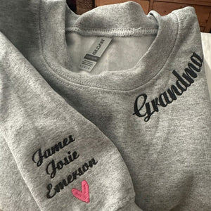 Custom Embroidered Gram Sweatshirt with GrandKids Names on Sleeve
