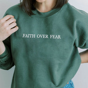 Faith Over Fear Sweatshirt, Christian Hoodie Embroidered with Personalized Text Icon on Sleeve