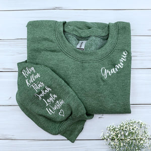 Heather Dark Green Grammie Sweatshirt with Grandkids' names and heart icon on sleeve, a meaningful and cozy gift for Grammie