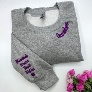 Custom Embroidered Grandma Sweatshirt with GrandKids Names on Sleeve, Personalized Mother's Day Gift