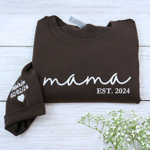 Folded Dark Chocolate Mama Sweatshirt with 'EST. 2024' embroidery and Kid's name on Sleeve, a meaningful gift for mama
