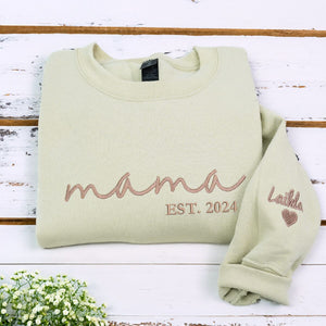 Folded Sand Mama Sweatshirt with 'EST. 2024' embroidery and Kid's name on Sleeve, a meaningful gift for mama