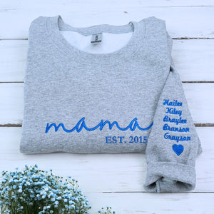Folded Sport Gray Mama Sweatshirt with 'EST. 2015' embroidery and Kids' names on Sleeve, a meaningful gift for mama