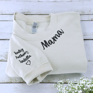 Folded Sand Mama Sweatshirt with Grandkids' Names on the Sleeves