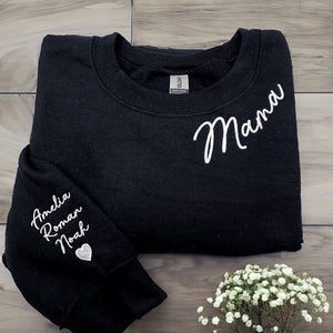 Custom Embroidered Mama Sweatshirt with Kid Names on Sleeve, Personalized Gift for Mom
