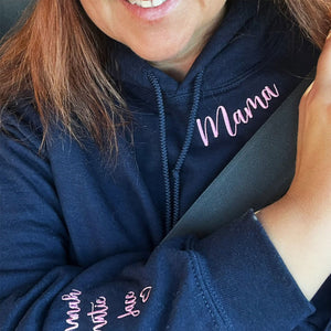 Custom Embroidered Mama Sweatshirt with Kid Names on Sleeve, Personalized Gift for Mom