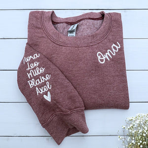 Heather Dark Maroon Oma Sweatshirt with Grandkids' names on sleeve, a meaningful and cozy gift for Oma