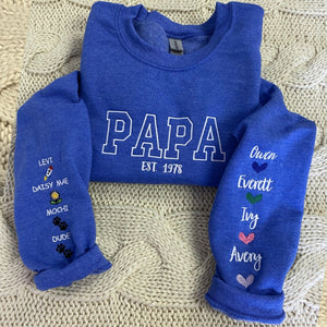 Custom Embroidered Papa Sweatshirt with GrandKids Names on Sleeve, Personalized Gift for Grandpa, New Papa Father's Day Birthday Gift