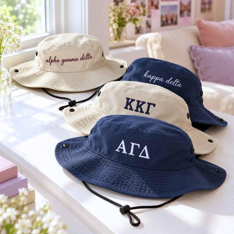 Custom Sorority Bucket Hats - Embroidered Text, Logo Sorority Greek Basket Booney Hat, Big Little Reveal Gift