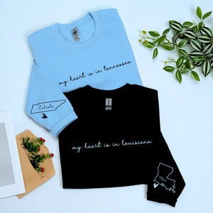 My Heart Is In Your State Sweatshirt or Hoodie with State Couple Map on Sleeve, Custom Embroidered for Long Distance Relationship Gift