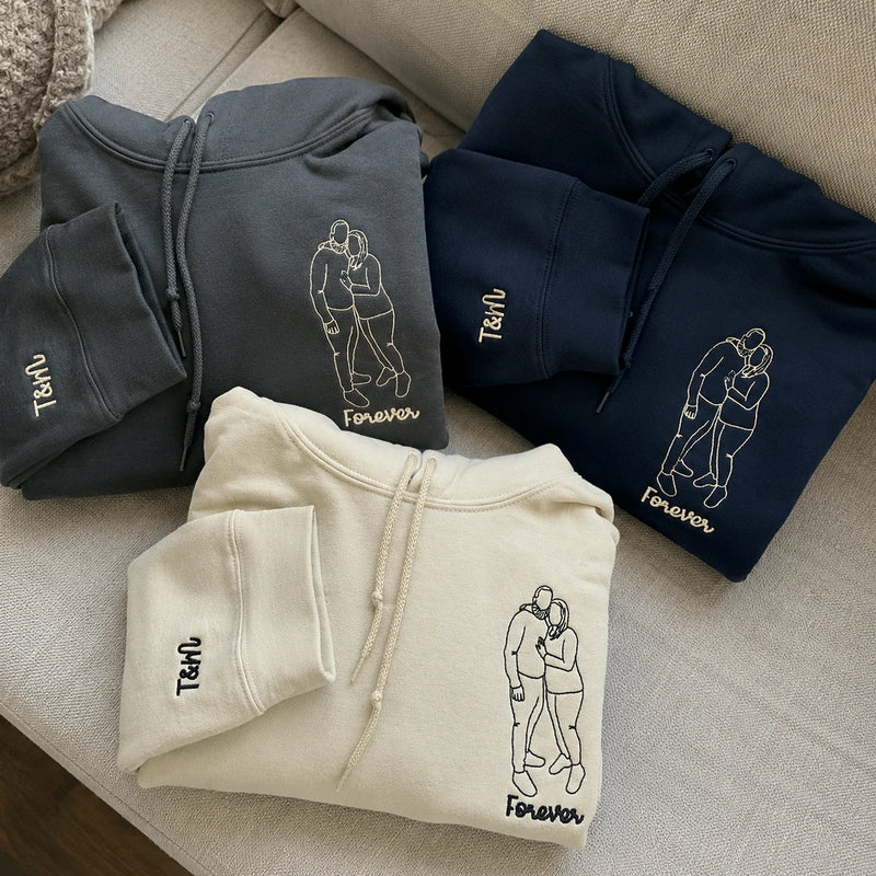 Custom Embroidered Photo Portrait Couple Hoodie or Sweatshirt, Personalized Gift for Him Her