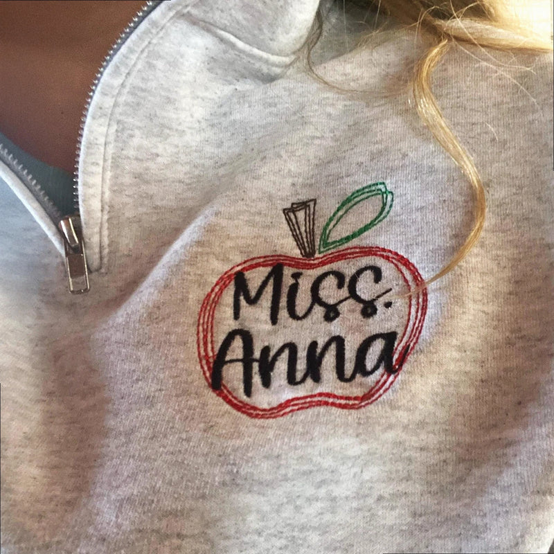 Personalized Preschool Teacher Quarter Zip - Embroidered Name 1/4 Zip Sweatshirt with Minimalist Doodle Apple