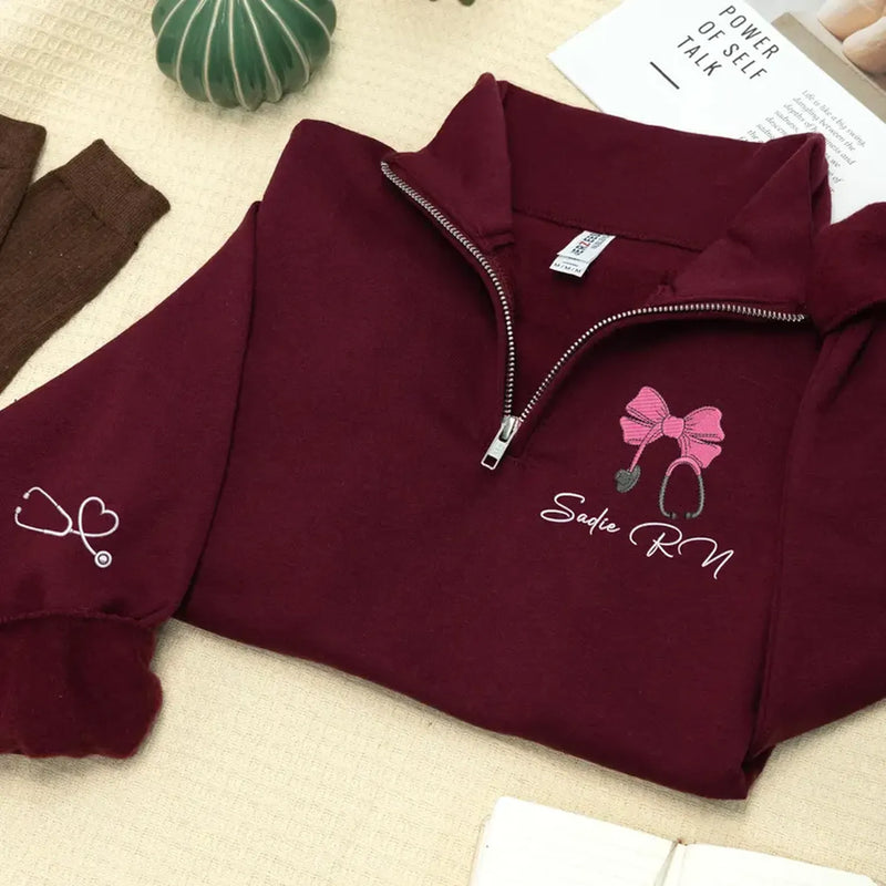 Custom RN Name Nurse Week Gifts for Women, Personalized Embroidered Nurse Coquette Quarter Zip Sweatshirt