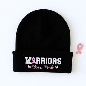 Custom embroidered pink ribbon beanie for breast cancer awareness and support gift