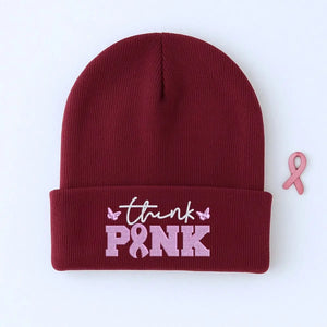 Custom embroidered pink ribbon beanie for breast cancer awareness and support gift