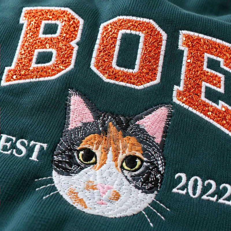 Custom Glitter Cat Sweatshirt for Cat Mom, Embroidered Pet Photo Crewneck, First Time Cat Mom Christmas Gift