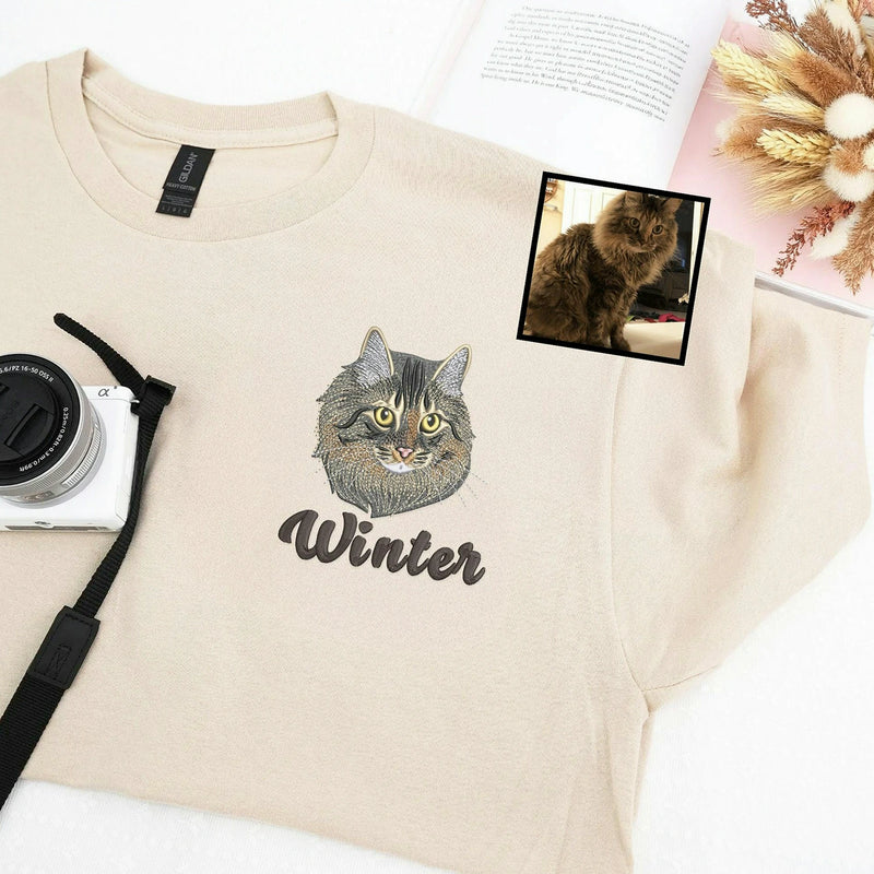 Custom Cat Portrait Embroidered Shirt, Pet Photo Gift for Cat Moms