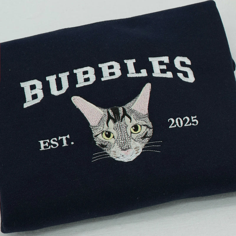Custom Cat Portrait T-Shirt for Birthday Girlfriend - Embroidered Pet Photo Tee & Varsity Name - Gift for Her