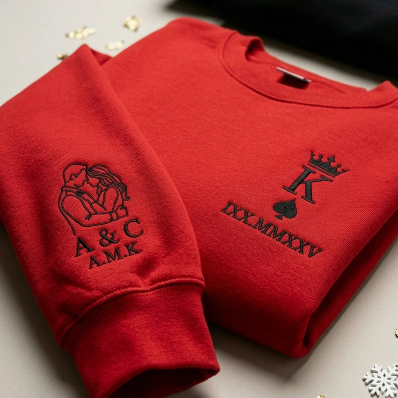Custom Embroidered King and Queen Sweatshirts or Hoodies for Couples with Portrait, Engagement Gifts