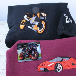 Custom embroidered sweatshirt showing a man's motorbike based on photo, ideal personalized gift for biker boyfriend