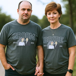 Embroidered bride and groom shirts with custom photo portrait and names on sleeves – perfect personalized wedding gift