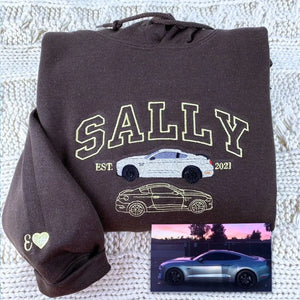 Custom embroidered sweatshirt featuring car photo with name and EST year – gift for car lovers