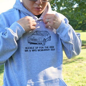 Custom embroidered sweatshirt with car design based on personal photo – perfect car lover gift