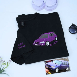 Custom embroidered sweatshirt with car design based on personal photo – perfect car lover gift