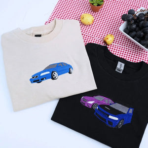 Custom embroidered sweatshirt with car design based on personal photo – perfect car lover gift