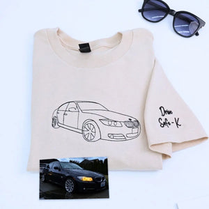 Custom embroidered sweatshirt with car design based on personal photo – perfect car lover gift