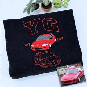 Custom embroidered sweatshirt featuring car photo with name and EST year – gift for car lovers