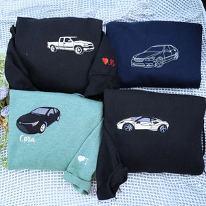 Custom embroidered sweatshirt with car design based on personal photo – perfect car lover gift
