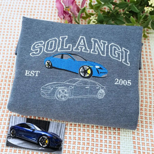 Custom embroidered sweatshirt featuring car photo with name and EST year – gift for car lovers