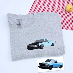 Custom embroidered sweatshirt with car design based on personal photo – perfect car lover gift
