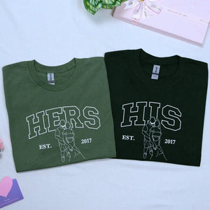 Embroidered his and her shirts with custom photo portrait and name on sleeve