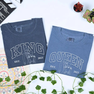 Custom embroidered couple shirts with portrait and name on sleeve, perfect gift for lovers