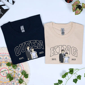 Custom embroidered couple shirts with portrait and name on sleeve, perfect gift for lovers