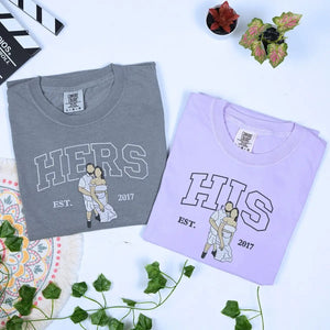 Embroidered his and her shirts with custom photo portrait and name on sleeve