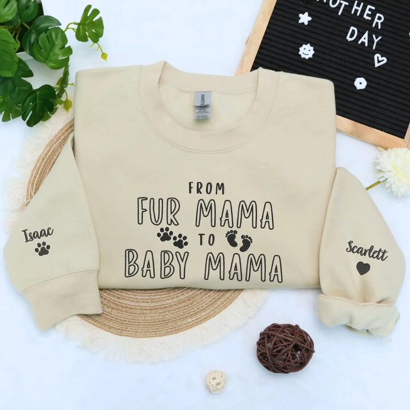 Custom embroidered dog mom sweatshirt with pet portrait on sleeve and fur mama to baby mama text