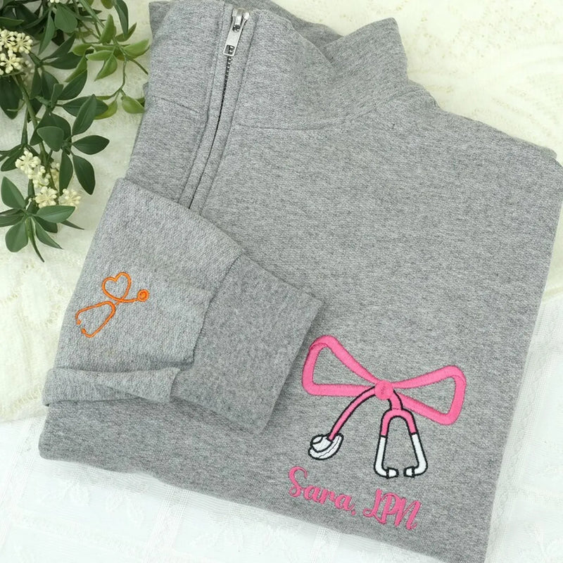 Personalized RN CNA BSN Gift - Custom Name & Title Quarter Zip - Nurse Week Embroidered Bow Pullover