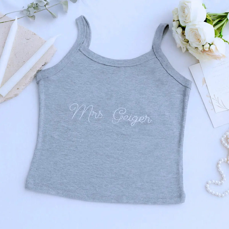 Custom embroidered Mrs pajama set with tank and jogger for bride’s wedding morning