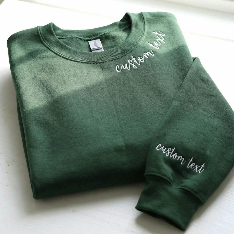 Custom Embroidered Text Sweatshirt with Collar & Sleeve Personalization, Quote Sweatshirt with Choose Font & Thread Color