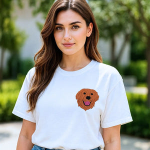 Custom t-shirt featuring a dog or cat photo embroidered on the front, personalized gift idea for pet lovers and owners.