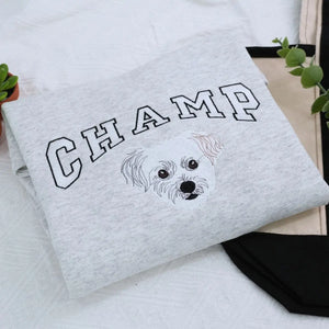 Custom white t-shirt with a embroidered cat dog face portrait, personalized from a customer photo
