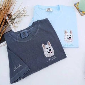 Custom white t-shirt with a embroidered cat dog face portrait, personalized from a customer photo